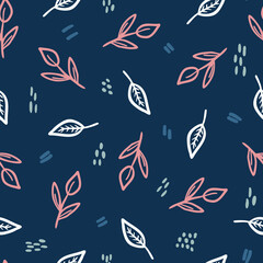 Fototapeta premium Vector floral leaves with stripes and dots, randomly placed seamless repeat pattern. Outline botanical and geometrical illustrations all over surface print on dark blue background.