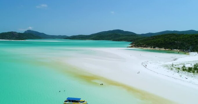 4K aerial forward tracking and panning motion of the white beach of Hill Inlet at Whitehaven beach,Whitsunday Islands,Queensland,Australia