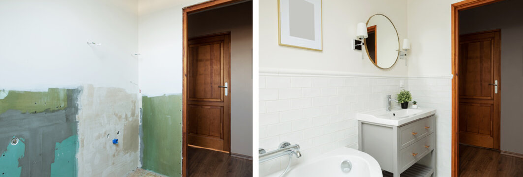 Home bathroom before and after renovation. Interior design - scandinavian style