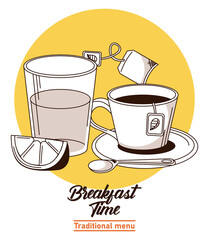 breakfast time lettering poster with orange juice and coffee