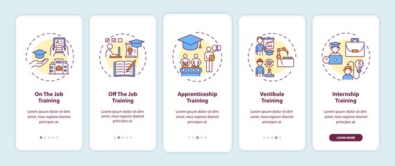 Staff training methods onboarding mobile app page screen with concepts. On-the-job and off-the-job education walkthrough 5 steps graphic instructions. UI vector template with RGB color illustrations
