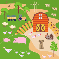 Vector illustration with a spring landscape, a farm, a barn, poultry and animals on the background of trees, a tractor and wind turbines. The concept of gardening and work in nature.