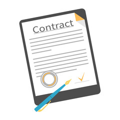 Contract signature icon. Document, folder with stamp, text and pen. Illustration