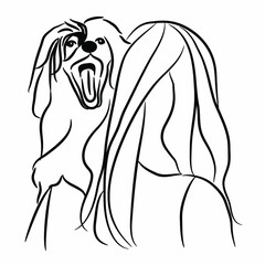 The girl turned her back with the dog on her shoulder. Vector linear illustration of a girl and a dog. A dog with an open mouth looks out from behind a girl.