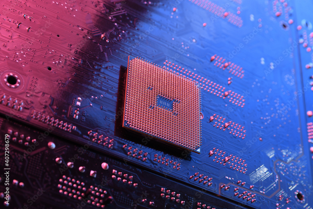 Poster computer cpu processor chip on circuit board ,motherboard background. close-up. with red-blue lighti