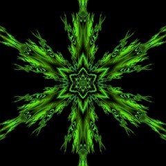 3D illustration hexagonal floral fantasy designs based on neon green Mandelbrot style fractal pattern