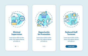 Staff training advantages onboarding mobile app page screen with concepts. Minimal supervision, promotion walkthrough 3 steps graphic instructions. UI vector template with RGB color illustrations