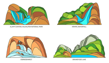 Naklejka premium Set of Austria landmarks national parks, landscape