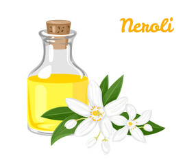 neroli, essential oil, glass, bottle, flower, isolated, white, vector, illustration, cartoon, flat, massage, bud, bathing, care, herbal, beauty, essence, scent, vial, flacon, natural, relaxation, smel
