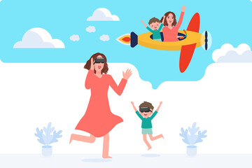 Concept people using VR headsets at home. Woman and kid looking to VR technology for an escape. Happy family day. Boy play game at home. Measure safety from corona virus. Flat Sign and symbol. Vector