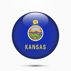 Kansas flag vector circle shape button. Clear circle isolated Kansas flag background button. Transparent glossy glass button. Vector Illustration