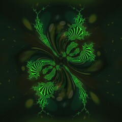 3D illustration designs based on neon green Mandelbrot style fractal pattern on a black background
