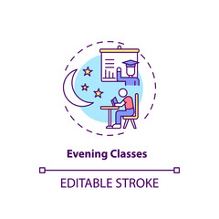 Evening classes concept icon. Staff training type idea thin line illustration. Attending night school. Education courses for adults. Vector isolated outline RGB color drawing. Editable stroke