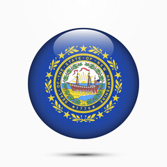 New Hampshire flag vector circle shape button. Clear circle isolated New Hampshire flag background button. Transparent glossy glass button. Vector Illustration