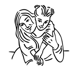 Happy mother and daughter embrace. vector sketch, isolated on a white background, hand-drawn face line art. Black and white graphics. International Mother's Day