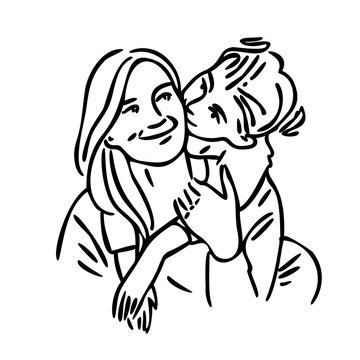 Happy mother and daughter embrace. vector sketch, isolated on a white background, hand-drawn face line art. Black and white graphics. International Mother's Day