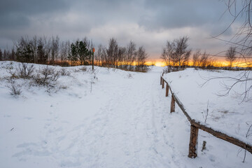 A frosty and snowy evening in the seaside village of Jastarnia on Hel Peninsula. Poland