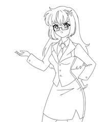 Cute anime manga girl wearing office suit isolated on white background.