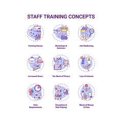 Staff training concept icons set. Employee development idea thin line RGB color illustrations. Evening classes. Time requirement. Interest loss. Vector isolated outline drawings. Editable stroke