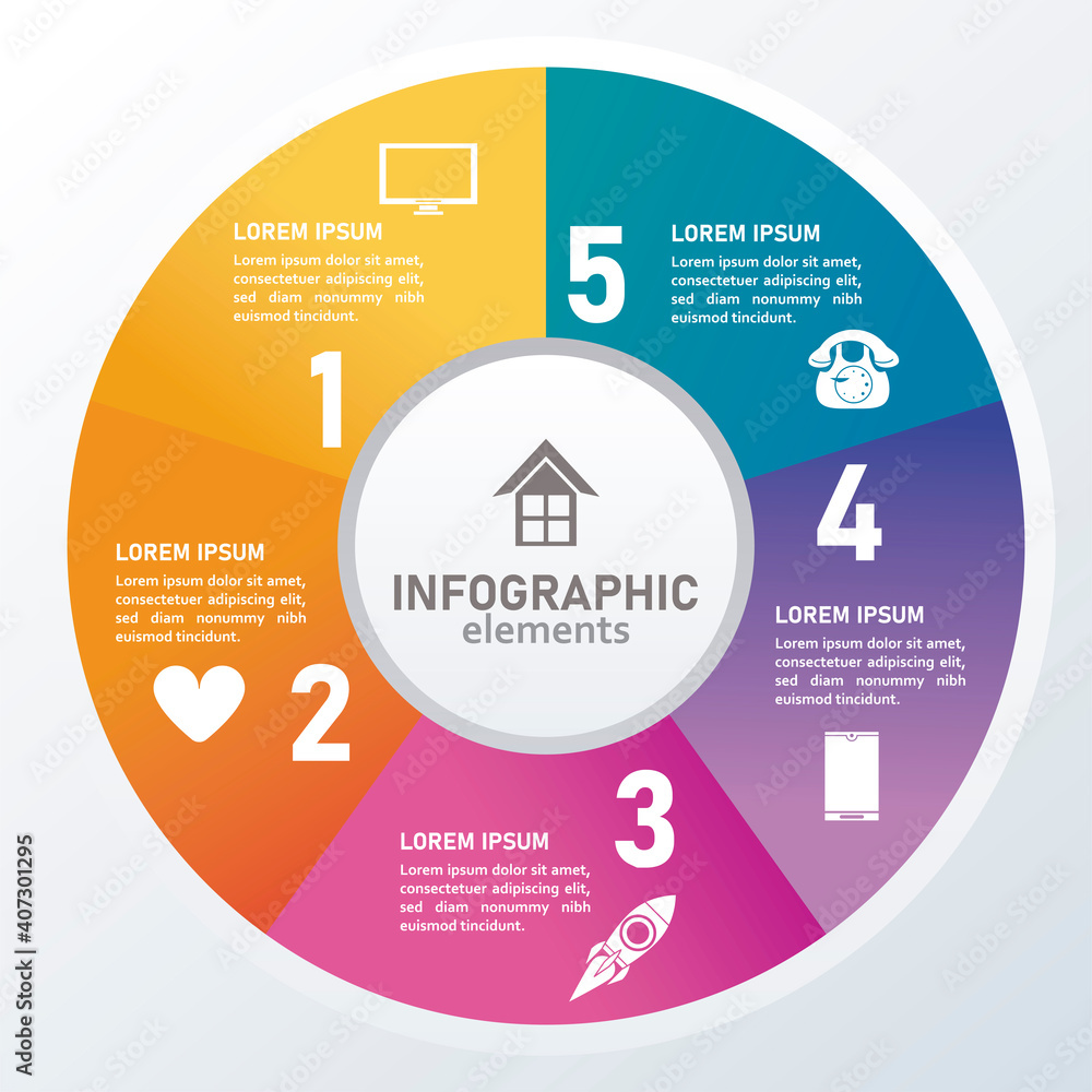 Poster statistics infographics steps with numbers and circle in gray background