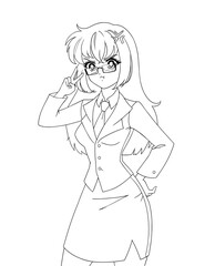 Cute anime manga girl wearing office suit isolated on white background.