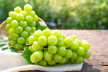 Green grape in Bamboo basket on wooden table in garden, Shine Muscat Grape with leaves in blur background