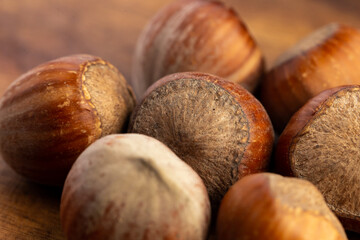 composition of hazelnuts on a wooden board