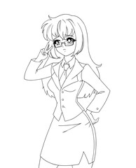 Cute anime manga girl wearing office suit isolated on white background.