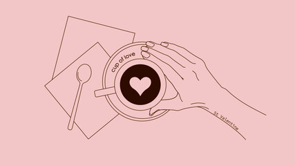 Lineart. Valentine's Day. Romantic simple art. Cup of coffee with a heart. Cup of love.