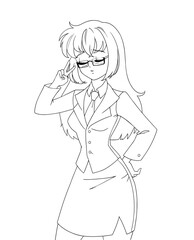 Cute anime manga girl wearing office suit isolated on white background.