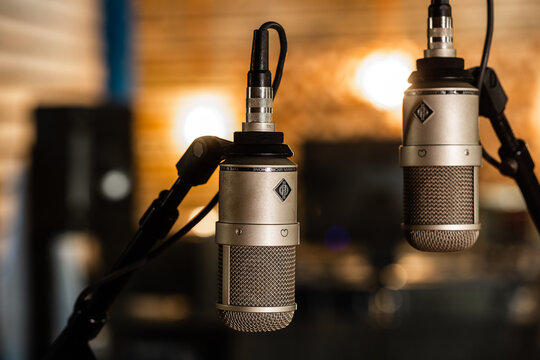 Lviv, Ukraine - May 25, 2019: Neumann microphone in recording studio