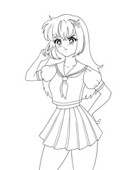 Cute anime manga girl wearing school uniform isolated on white background.