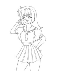 Cute anime manga girl wearing school uniform isolated on white background.