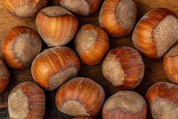 composition of hazelnuts on a wooden board