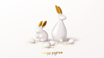 Happy Easter holiday banner. Porcelain rabbit and bunny with gold ears, white eggs and golden confetti. Vector illustration with 3d decorative object. Greeting card.
