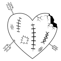 Valentines Day line. Lovely broken and crippled heart, large wound wounds and cracks, archery.