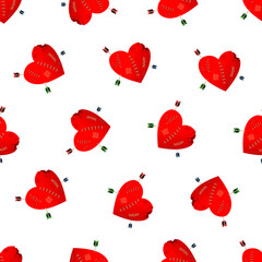 Valentines Day seamless pattern. Lovely broken and crippled heart, large wound wounds and cracks, archery. Vector illustration for postcards and typography. Design for the february 14.