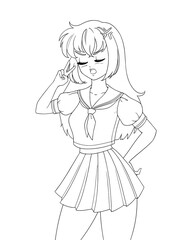 Cute anime manga girl wearing school uniform isolated on white background.