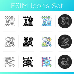 DNA research icons set. Environmental biotechnology. Chromosome study. Laboratory analysis. Genetic research. DNA test. Linear, black and RGB color styles. Isolated vector illustrations