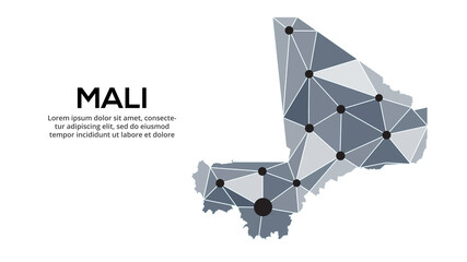 Mali communication network map. Vector image of a low poly global map with city lights. Map in the form of triangles and dots