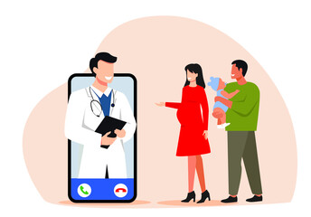 Waiting for a new pregnancy. Pregnant wife, consultation with a gynecologist online. Happy family. Mom, dad, and little baby son.