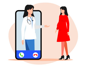 Pregnant, young woman, consults online by phone with a male doctor, gynecologist. Receiving patients online, using the app. Telemedicine.
