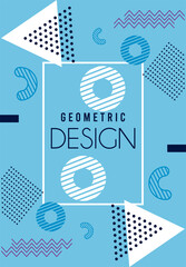 geometric design lettering in blue and white memphis background