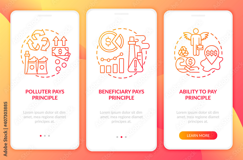 Poster climate justice principles onboarding mobile app page screen with concepts. polluter pays walkthroug