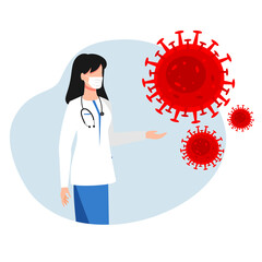 The doctor talks about measures to prevent coronavirus CoV. Awareness, the concept of health and medicine. Telemedicine. Flat vector illustrations.