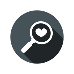 Search heart and love icon, vector. Magnifying glass with heart inside. Dating illustration.