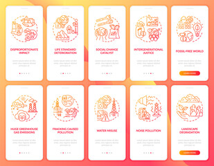 Climate justice categories onboarding mobile app page screen with concepts. Social change walkthrough 10 steps graphic instructions. Global warming. UI vector template with RGB color illustrations