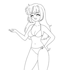 Cute anime manga girl wearing swimsuit bikini isolated on white background.