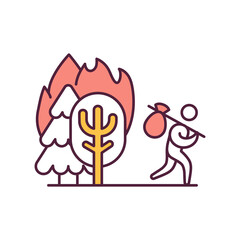 Problem of forest fires RGB color icon. Person icon with picnic set on burning forest background. Global warming. Disappearance of forests. Environmental protection. Isolated vector illustration