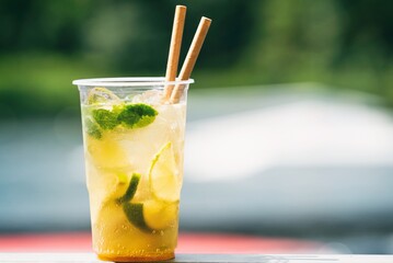 Cold ice beverage alcohol drink with fruits. Drikk with lemon and orange and ice.